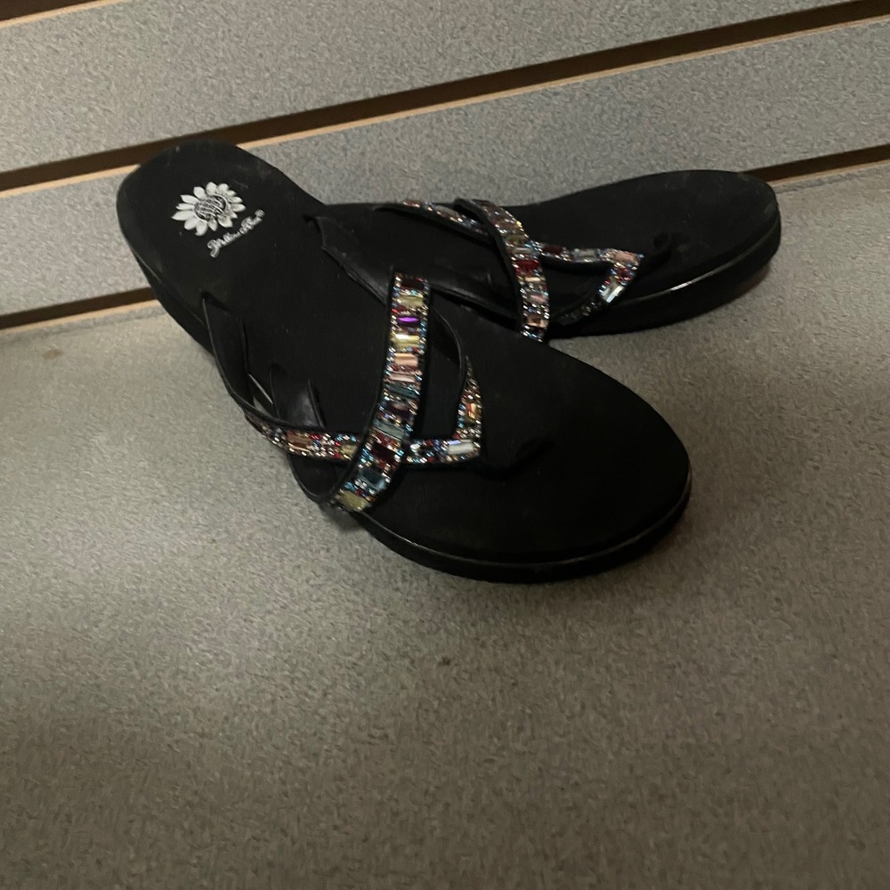 Yellow Box Alanna Womens 11 Black Rhinestone Wedge Flip Flop Sandals Sparkle Y2K